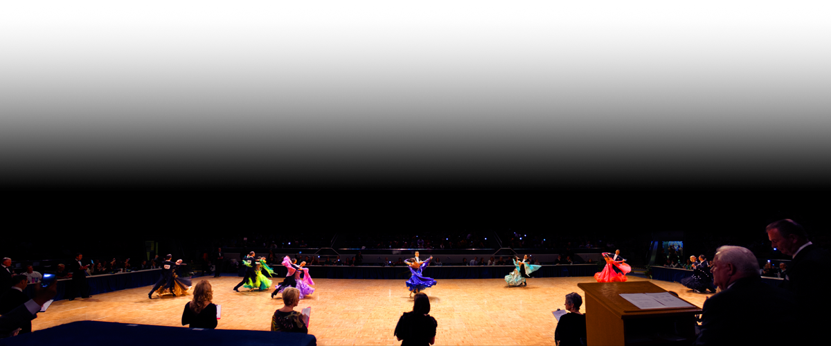 Scene depicting ballroom with performing couples and audience